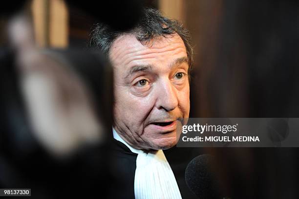 Patrick Maisonneuve, lawyer for French football club Paris Saint Germain addresses the media on March 15, 2010 as he arrives at a Paris court, on the...