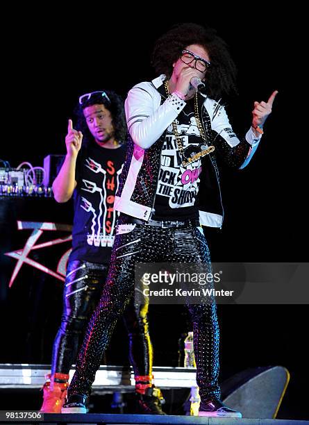 Rappers Skyler "SkyBlu" Gordy and Stefan "Redfoo" Gordy of LMFAO perform at the Staples Center on March 29, 2010 in Los Angeles, California.