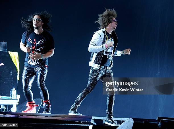 Rappers Skyler "SkyBlu" Gordy and Stefan "Redfoo" Gordy of LMFAO perform at the Staples Center on March 29, 2010 in Los Angeles, California.