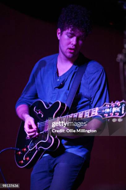 Ryan Hahn of Local Natives performs on stage at Rescue Rooms on February 25, 2010 in Nottingham, England.