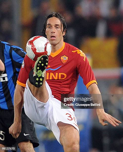 Luca Toni of Roma in action during the Serie A match between AS Roma and FC Internazionale Milano at Stadio Olimpico on March 27, 2010 in Rome, Italy.