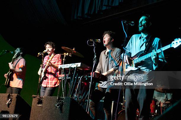 Kelcey Ayer, Taylor Rice, Ryan Hahn, Andy Hamm and Matt Frazier of Local Natives performs on stage at Rescue Rooms on February 25, 2010 in...