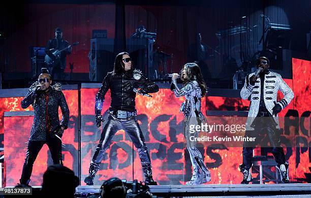 Singers apl.de.ap, Taboo, Fergie and will.i.am of the Black Eyed Peas perform at the Staples Center on March 29, 2010 in Los Angeles, California.