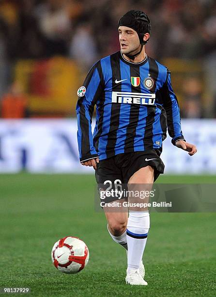 Cristian Chivu of Inter in action during the Serie A match between AS Roma and FC Internazionale Milano at Stadio Olimpico on March 27, 2010 in Rome,...