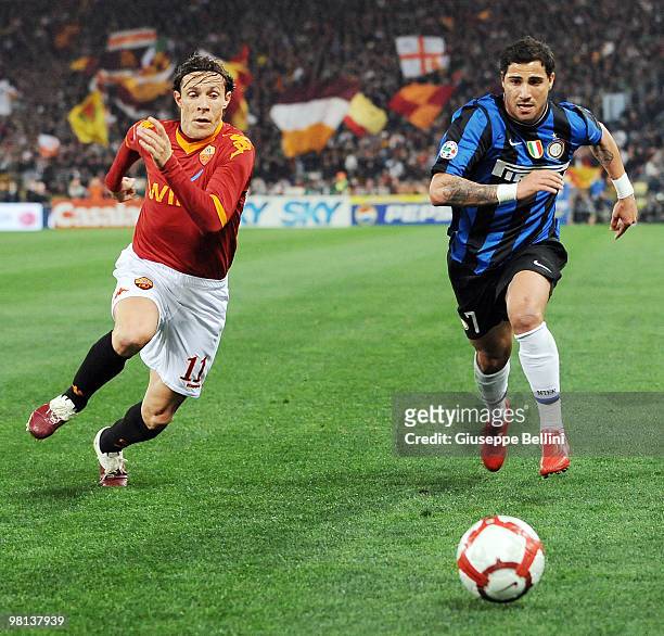 Rodrigo Taddei of Roma and Ricardo Quaresma of Inter in action during the Serie A match between AS Roma and FC Internazionale Milano at Stadio...