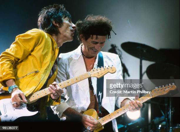 Ron Wood and Keith Richards of The Rolling Stones perform on stage in Melbourne Park on 25th February 2003 in Melbourne, Australia.