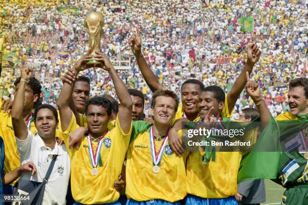 Romario and captain Dunga of Brazil and the Brazilian team celebrate after winning the1994 FIFA World Cup Final against Italy on 17 July 1994 played...