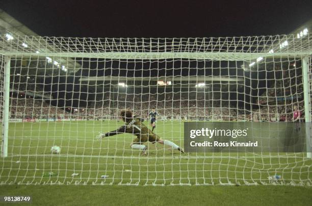 Roberto Ayala of Argentina scores the winning penalty against a diving Peter Shilton of England during the 1998 FIFA World Cup Group of 16 match on...