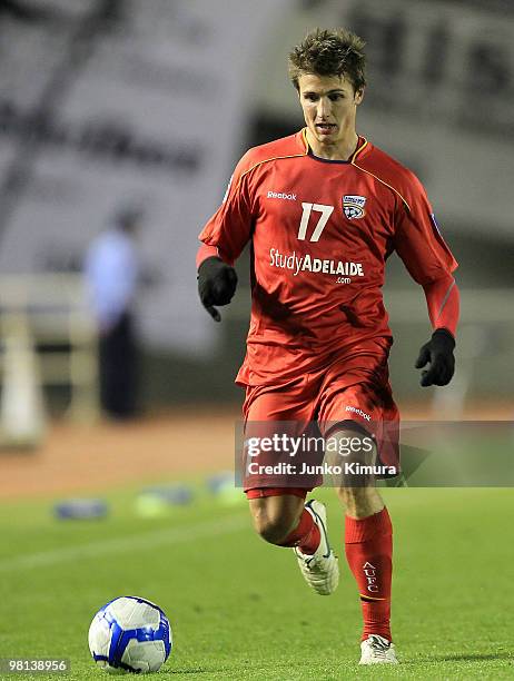 Michael Marrone of Adelaide United in action during the AFC Champions League Group H match between Sanfrecce Hiroshima and Adelaide United at...