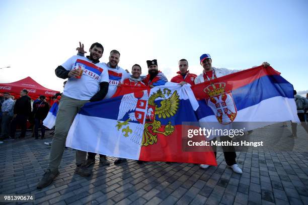 Serbia fans enjoy the pre match atmosphere prior to the 2018 FIFA World Cup Russia group E match between Serbia and Switzerland at Kaliningrad...