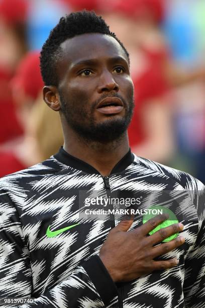 Nigeria's midfielder John Obi Mikel poses before the Russia 2018 World Cup Group D football match between Nigeria and Iceland at the Volgograd Arena...