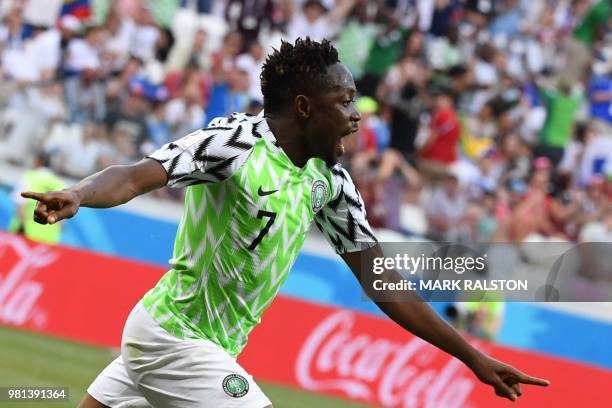 Nigeria's forward Ahmed Musa celebrates after scoring their opener during the Russia 2018 World Cup Group D football match between Nigeria and...