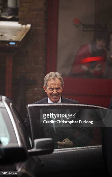 Former Prime Minister Tony Blair leaves Trimdon Labour Club, after delivering a regional campaign speech to party members on March 30, 2010 in...