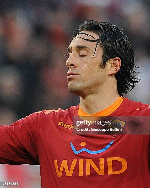 Luca Toni of Roma in action during the Serie A match between AS Roma and FC Internazionale Milano at Stadio Olimpico on March 27, 2010 in Rome, Italy.