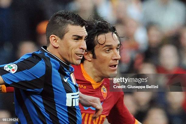 Lucio of Inter and Luca Toni of Roma in actionl during the Serie A match between AS Roma and FC Internazionale Milano at Stadio Olimpico on March 27,...