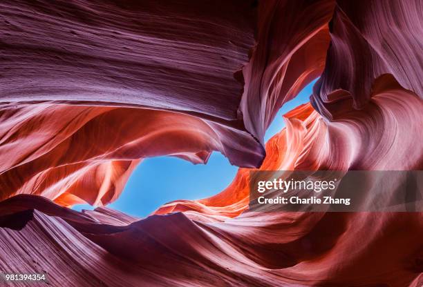 rock formations in antelope canyon, page, arizona, usa - inquadratura estrema dal basso foto e immagini stock