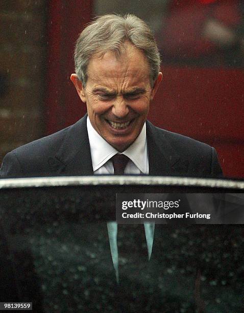 Former Prime Minister Tony Blair leaves Trimdon Labour Club, after delivering a regional campaign speech to party members on March 30, 2010 in...