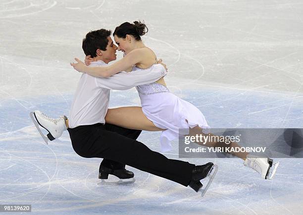 Canada's Tessa Virtue and Scott Moir perform their free dance during the Ice Dance competition at the World Figure Skating Championships on March 26,...