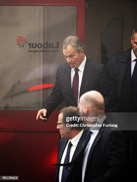 Former Prime Minister Tony Blair leaves Trimdon Labour Club, after delivering a regional campaign speech to party members on March 30, 2010 in...