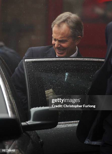 Former Prime Minister Tony Blair leaves Trimdon Labour Club, after delivering a regional campaign speech to party members on March 30, 2010 in...