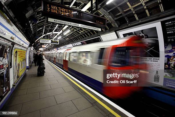 London Underground train arrives in Victoria station on March 30, 2010 in London, England. London Underground workers are to be balloted for strike...