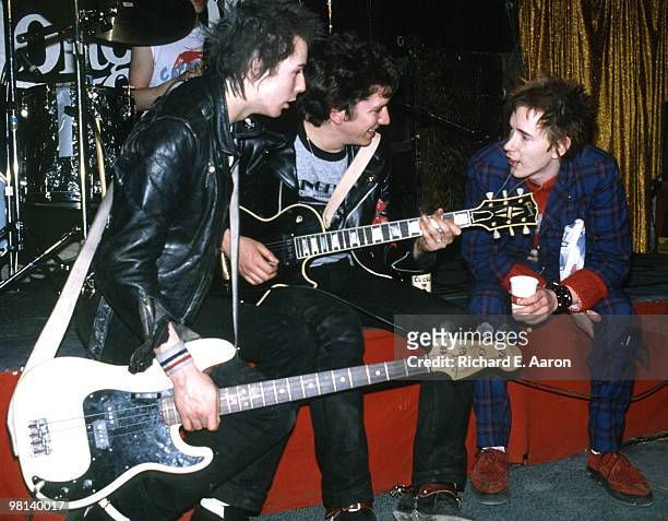 The Sex Pistols posed onstage at The Longhorn Ballroom, Dallas, during their final tour on January 10 1978 L-R Sid Vicious, Steve Jones, John Lydon
