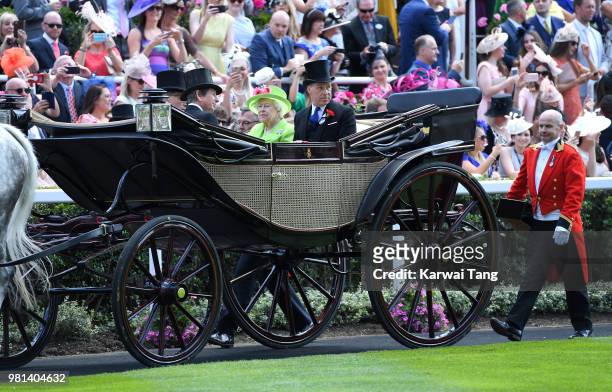 Queen Elizabeth II and David Armstrong-Jones, 2nd Earl of Snowdon attend Royal Ascot Day 4 at Ascot Racecourse on June 22, 2018 in Ascot, United...