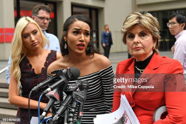 Former NFL Houston Texans cheerleader Angelina Rosa speaks with former Houston Texans cheerleader Hannah Turnbow and Attorney Gloria Allred at her...