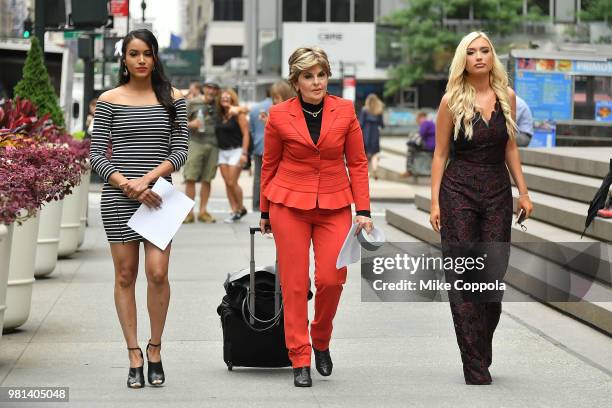 Former NFL Houston Texans cheerleader Angelina Rosa, Attorney Gloria Allred, and former Houston Texans cheerleader Hannah Turnbow walk to a press...