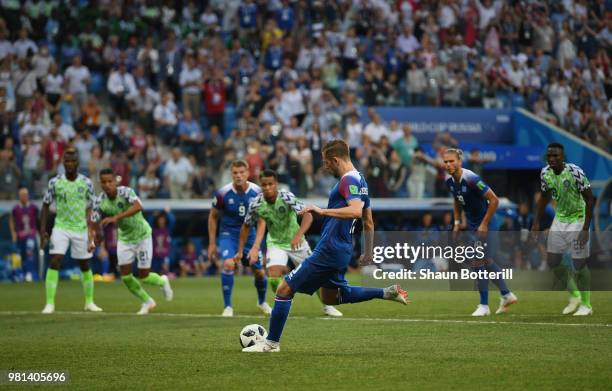 Gylfi Sigurdsson of Iceland shoots the penalty over the bar during the 2018 FIFA World Cup Russia group D match between Nigeria and Iceland at...