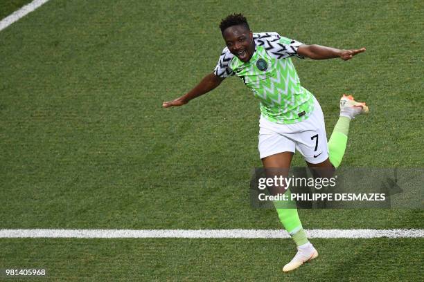 Nigeria's forward Ahmed Musa celebrates after scoring a second goal during the Russia 2018 World Cup Group D football match between Nigeria and...