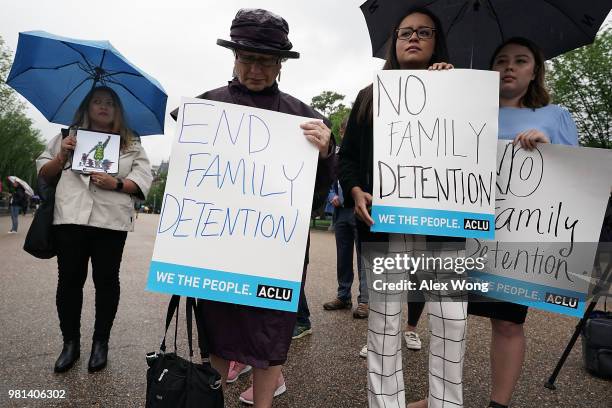 Activists hold signs during a protest outside the White House June 22, 2018 in Washington, DC. Members of American Civil Liberties Union staged a...