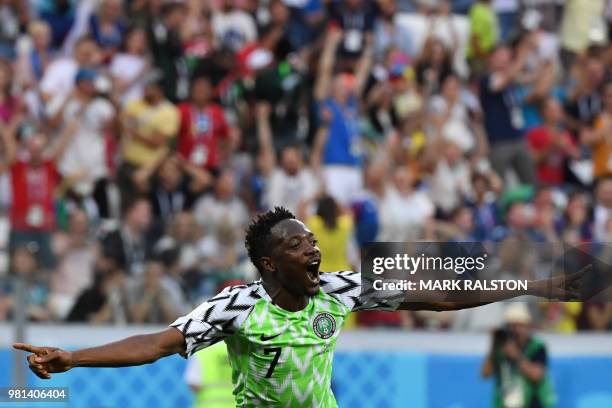 Nigeria's forward Ahmed Musa celebrates after scoring their second goal during the Russia 2018 World Cup Group D football match between Nigeria and...