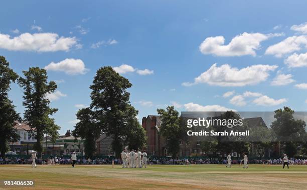 General view as Surrey players celebrate after bowler Jade Dernbach dismisses Tom Abell of Somerset during day 3 of the Specsavers County...