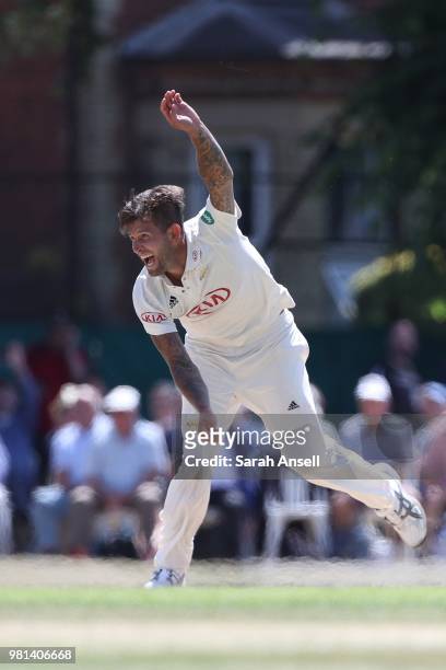 Jade Dernbach of Surrey bowls during day 3 of the Specsavers County Championship Division One match between Surrey and Somerset on June 22, 2018 in...