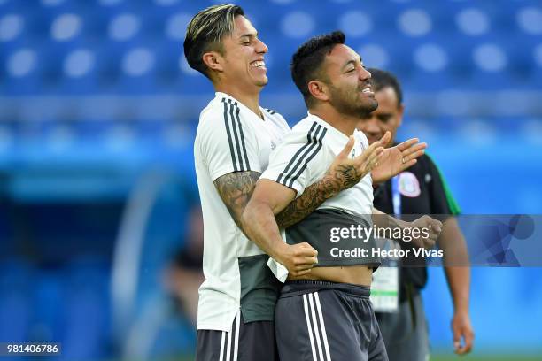 Carlos Salcedo and Marco Fabian of Mexico have fun during a training session ahead of the match against Korea as part of FIFA World Cup Russia 2018...
