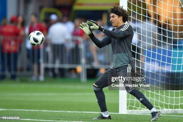 Guillermo Ochoa of Mexico stops the ball during a training session ahead of the match against Korea as part of FIFA World Cup Russia 2018 at Rostov...