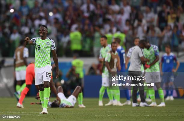 Kenneth Omeruo of Nigeria celebrates victory following the 2018 FIFA World Cup Russia group D match between Nigeria and Iceland at Volgograd Arena on...