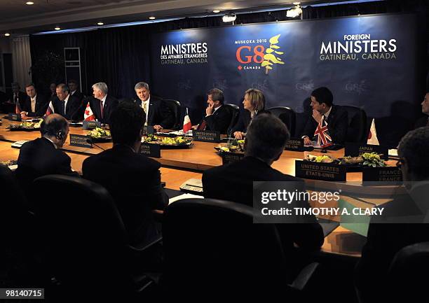 Canada Prime Minister Stephen Harper addresses foreign ministers at the Chateau Cartier prior to meeting of the G8 nations in Gatineau, Quebec on...