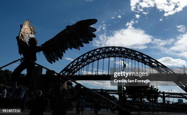 Sam Baxter from the Southpaw Dance Co performs as Icarus in a street performance display during the launch day of the Great Exhibition of the North...