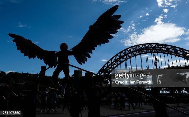 Sam Baxter from the Southpaw Dance Co performs as Icarus in a street performance display during the launch day of the Great Exhibition of the North...