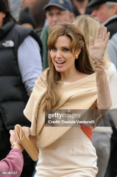 Actress Angelina Jolie is seen at the Piazzale della Stazione, filming on location for "The Tourist" on March 17, 2010 in Venice, Italy.