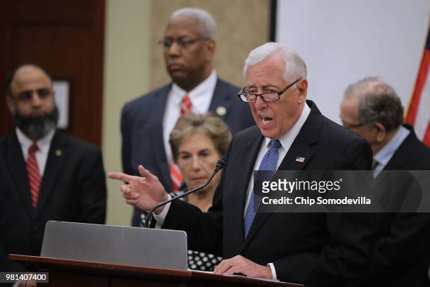 House Minority Whip Steny Hoyer is joined by fellow Democrats for a news conference at the U.S. Capitol Visitors Center June 22, 2018 in Washington,...