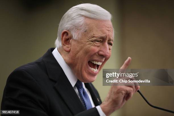 House Minority Whip Steny Hoyer answers reporters questions about immigration legislation and the Trump tax cuts during a news conference at the U.S....