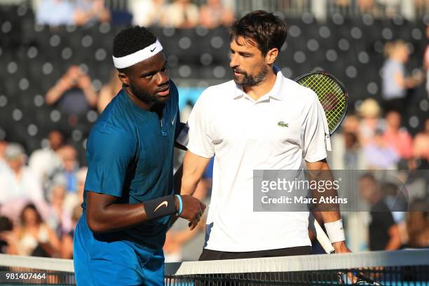 Jeremy Chardy of France embraces Frances Tiafoe of USA after his win during the 1/4 final match on Day 5 of the Fever-Tree Championships at Queens...