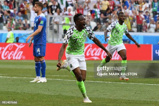 Nigeria's forward Ahmed Musa celebrates after scoring their opener during the Russia 2018 World Cup Group D football match between Nigeria and...