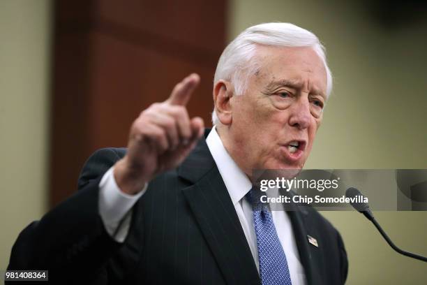 House Minority Whip Steny Hoyer answers reporters questions about immigration legislation and the Trump tax cuts during a news conference at the U.S....