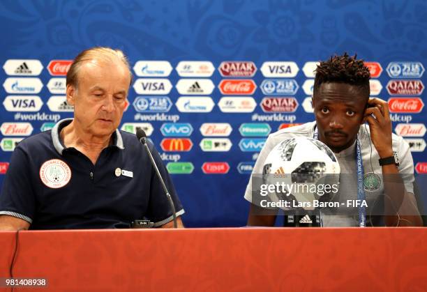 Head coach Gernot Rohr and Ahmed Musa of Nigeria attend the post match press confernece following the 2018 FIFA World Cup Russia group D match...