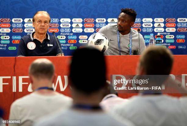 Head coach Gernot Rohr and Ahmed Musa of Nigeria attend the post match press confernece following the 2018 FIFA World Cup Russia group D match...