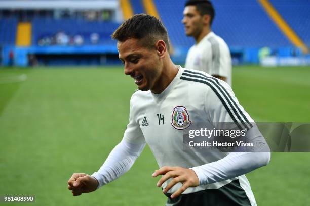 Javier Hernandez of Mexico warms up during a training session ahead of the match against Korea as part of FIFA World Cup Russia 2018 at Rostov Arena...